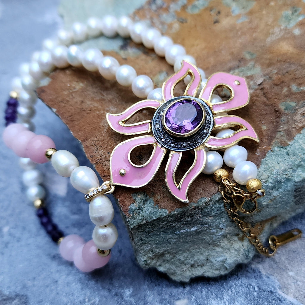 Pink Lady / Designer Jewelry Solid Sterling Silver 925 14 kt Gold Pendant Natural Amethyst Diamonds Black Freshwater Pearls Rose Quartz