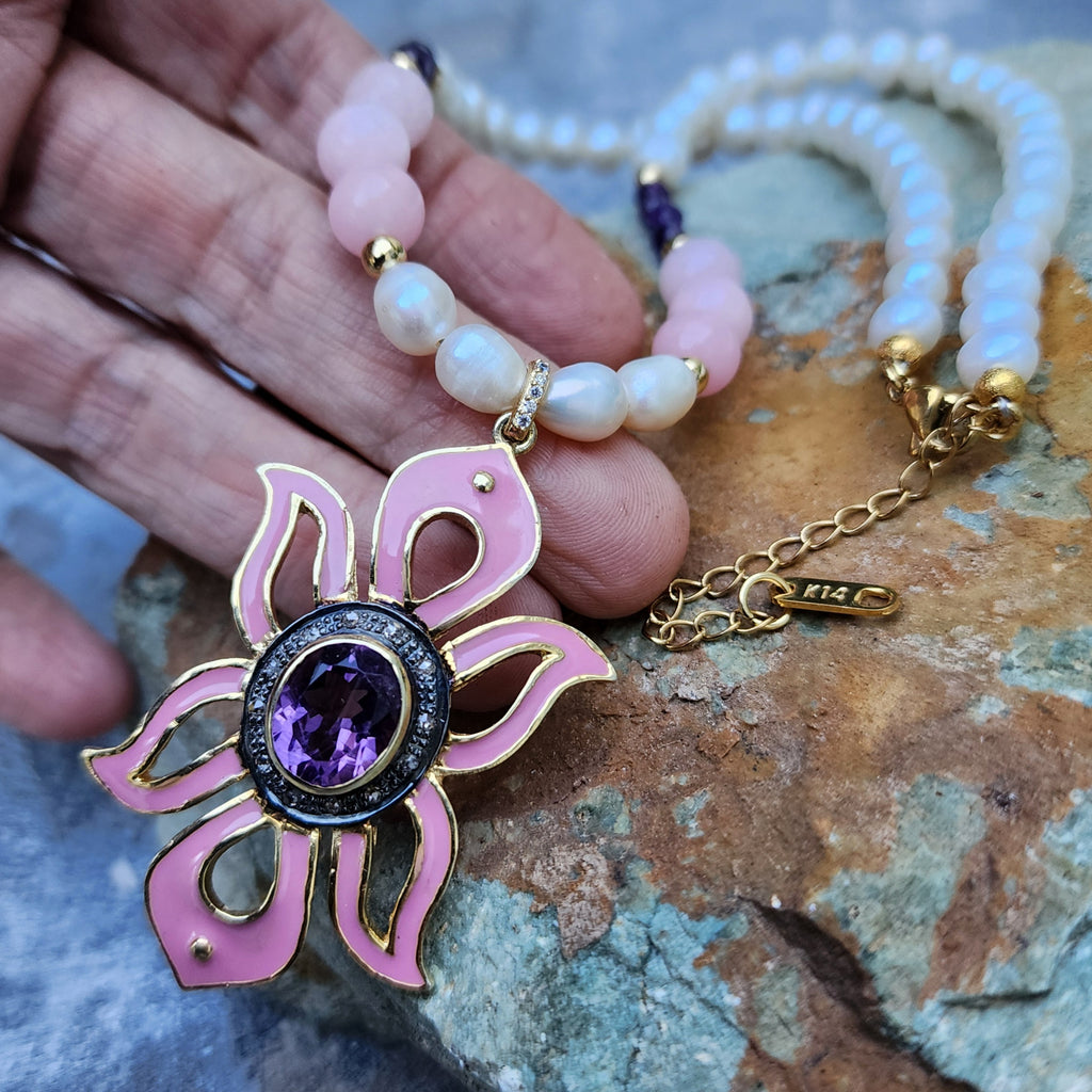Pink Lady / Designer Jewelry Solid Sterling Silver 925 14 kt Gold Pendant Natural Amethyst Diamonds Black Freshwater Pearls Rose Quartz