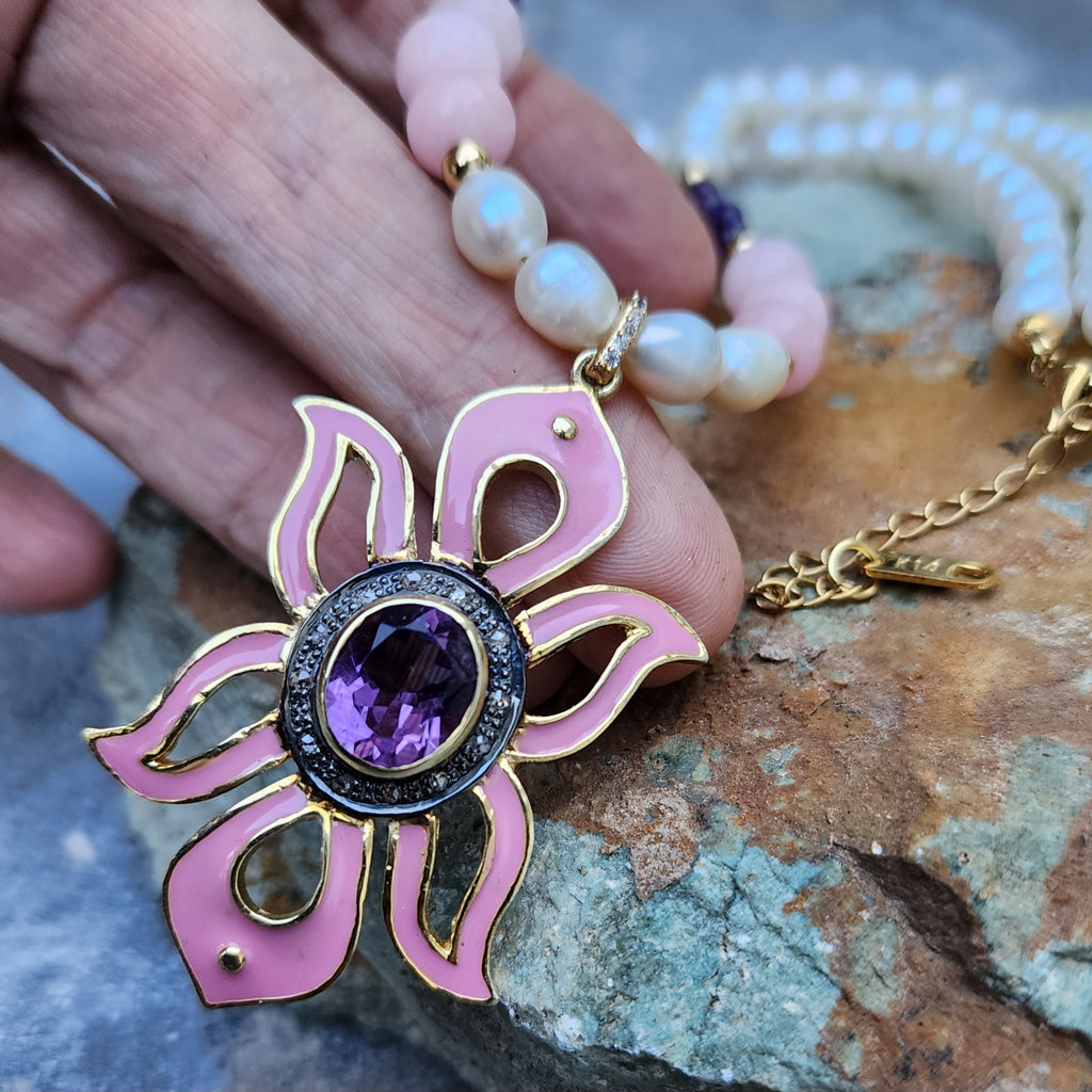 Pink Lady / Designer Jewelry Solid Sterling Silver 925 14 kt Gold Pendant Natural Amethyst Diamonds Black Freshwater Pearls Rose Quartz