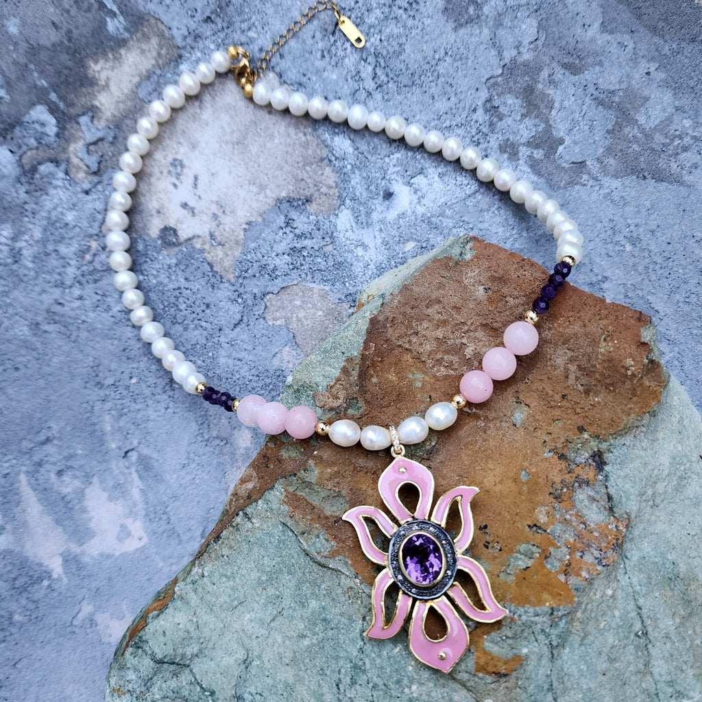 Pink Lady / Designer Jewelry Solid Sterling Silver 925 14 kt Gold Pendant Natural Amethyst Diamonds Black Freshwater Pearls Rose Quartz