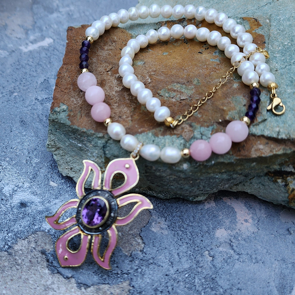 Pink Lady / Designer Jewelry Solid Sterling Silver 925 14 kt Gold Pendant Natural Amethyst Diamonds Black Freshwater Pearls Rose Quartz