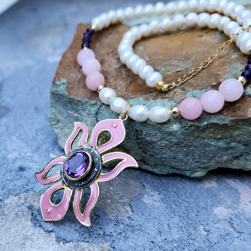 Pink Lady / Designer Jewelry Solid Sterling Silver 925 14 kt Gold Pendant Natural Amethyst Diamonds Black Freshwater Pearls Rose Quartz