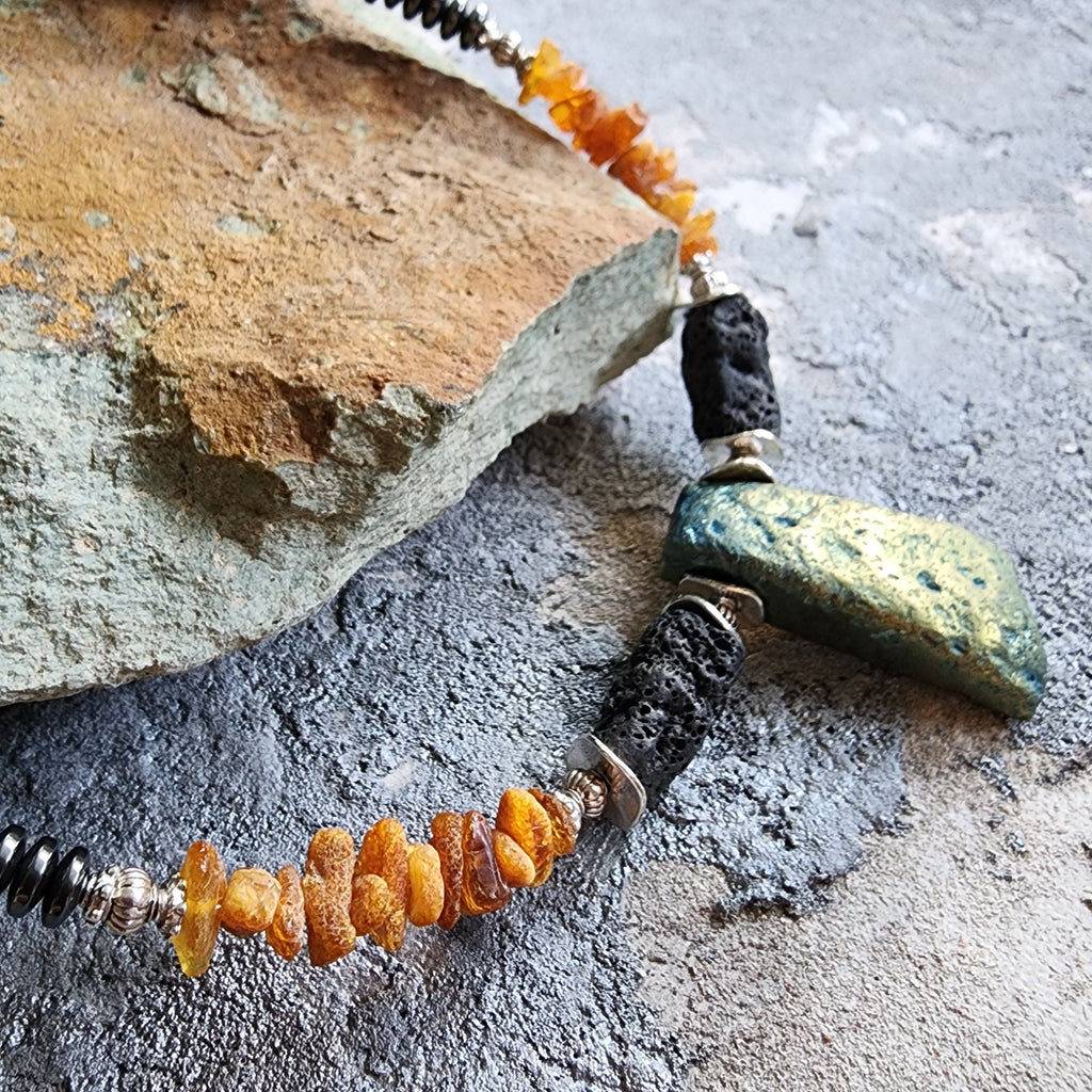 Pumapunku / Designer Jewelry Raw Amber Pyrite Pendant Hypoallergenic Lava Stone Necklace