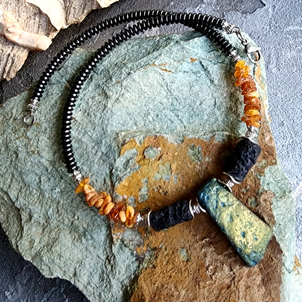 Pumapunku / Designer Jewelry Raw Amber Pyrite Pendant Hypoallergenic Lava Stone Necklace