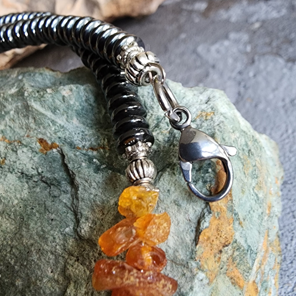 Pumapunku / Designer Jewelry Raw Amber Pyrite Pendant Hypoallergenic Lava Stone Necklace