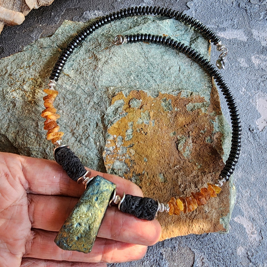 Pumapunku / Designer Jewelry Raw Amber Pyrite Pendant Hypoallergenic Lava Stone Necklace