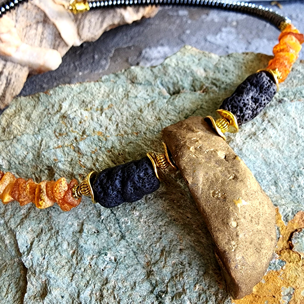Pumapunku / Mens Gemstone Amber Jewelry Tsoukalos Ancient Aliens Boho Amber Necklace