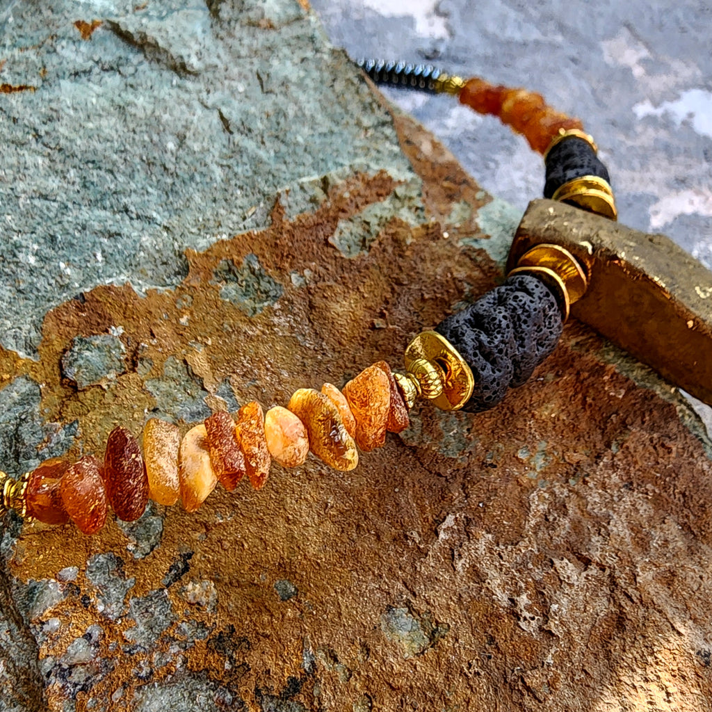 Pumapunku / Mens Gemstone Amber Jewelry Tsoukalos Ancient Aliens Boho Amber Necklace