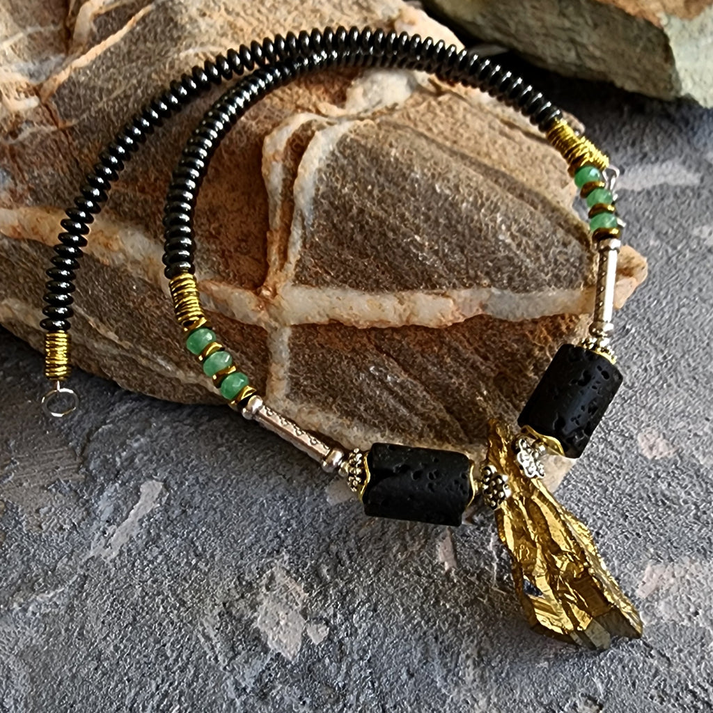 CONTACT IN DESERT / Mens Necklace Gemstone Ancient Aliens Jewelry Tsoukalos Boho Gold