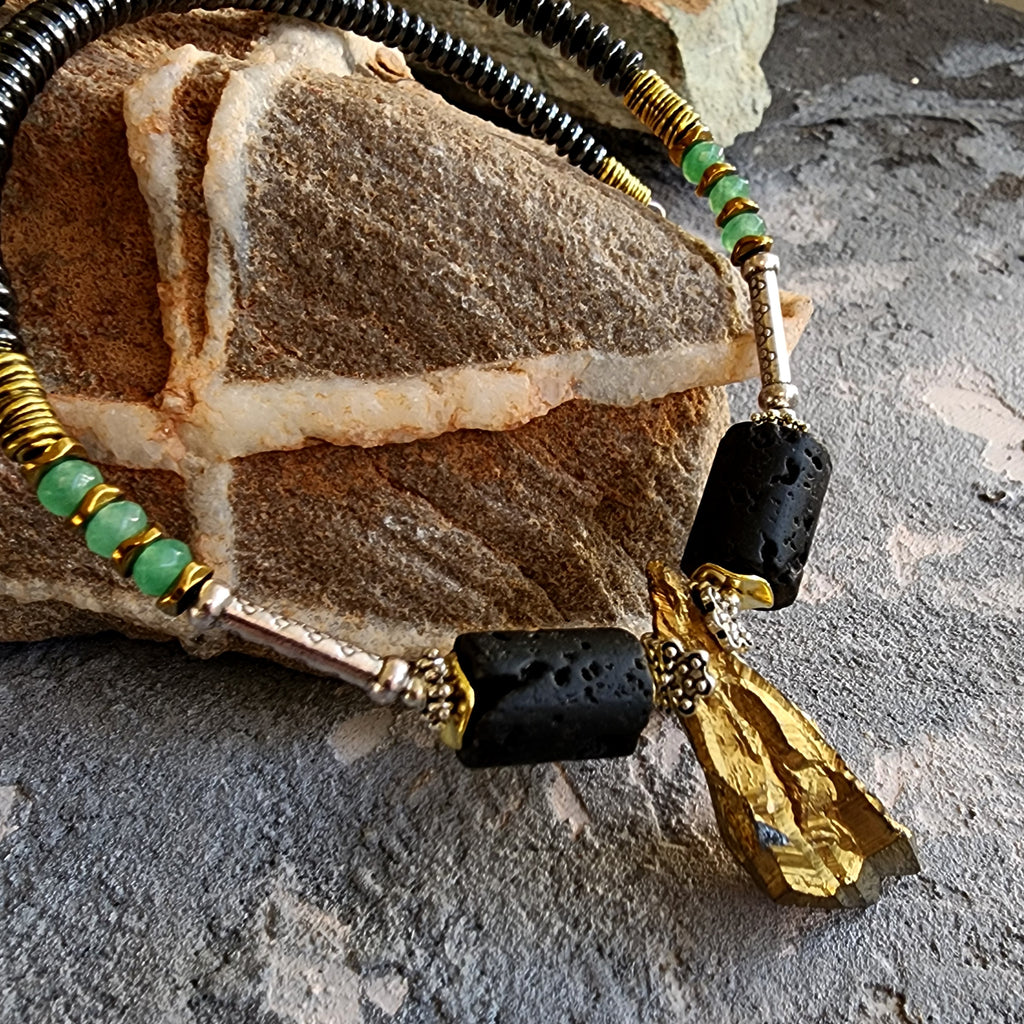 CONTACT IN DESERT / Mens Necklace Gemstone Ancient Aliens Jewelry Tsoukalos Boho Gold
