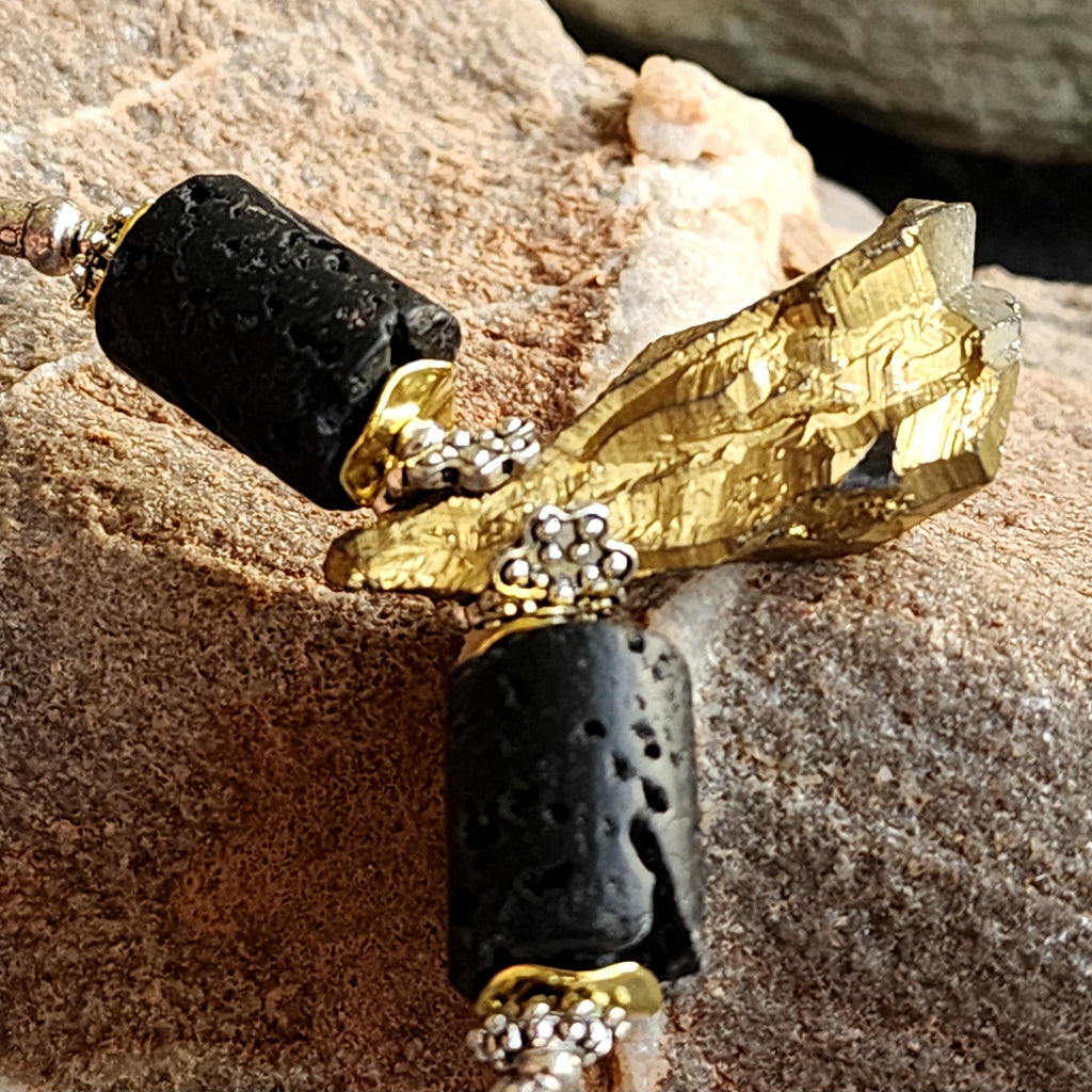 CONTACT IN DESERT / Mens Necklace Gemstone Ancient Aliens Jewelry Tsoukalos Boho Gold