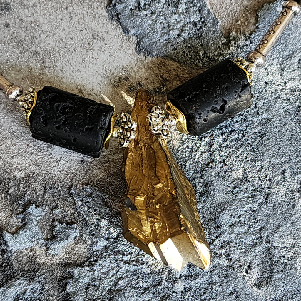 CONTACT IN DESERT / Mens Necklace Gemstone Ancient Aliens Jewelry Tsoukalos Boho Gold