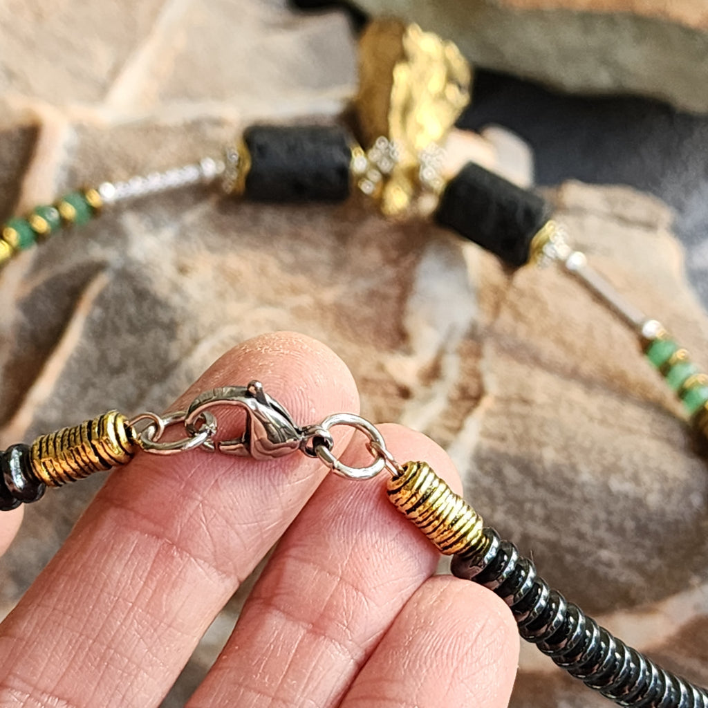 CONTACT IN DESERT / Mens Necklace Gemstone Ancient Aliens Jewelry Tsoukalos Boho Gold