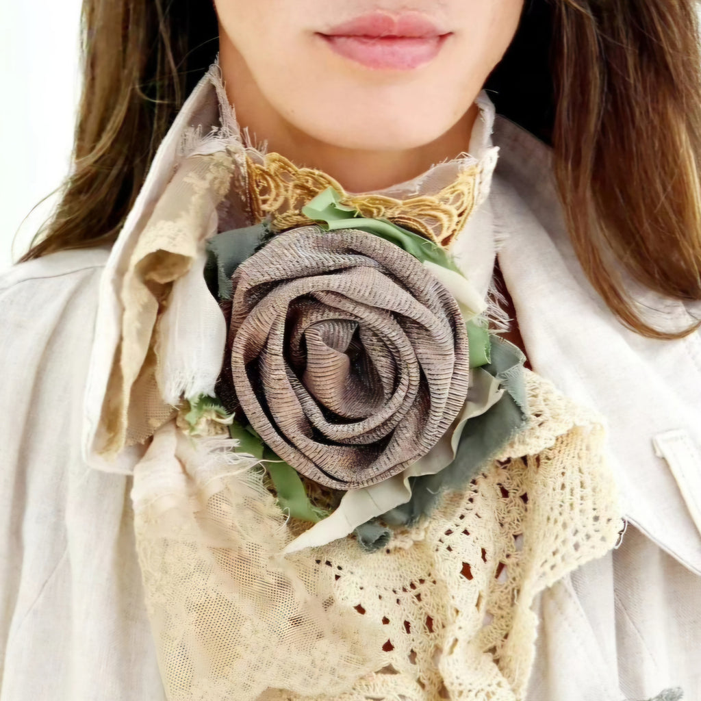 Golden Sarahs Rose / Boho Jabot Choker Flower Tie Brooch Clip Upcycled Rose Recycled Concept Store Magnolia Blossom
