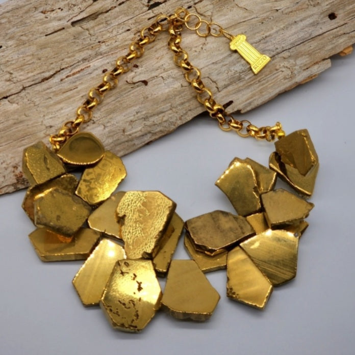 Beautifier / Designer Jewelry Gold Necklace Artisan Exotic JewelryGold Pyrite Nuggets Necklace Crystal Necklace Gift for Momen