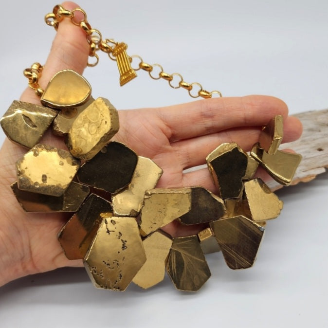 Beautifier / Designer Jewelry Gold Necklace Artisan Exotic JewelryGold Pyrite Nuggets Necklace Crystal Necklace Gift for Momen