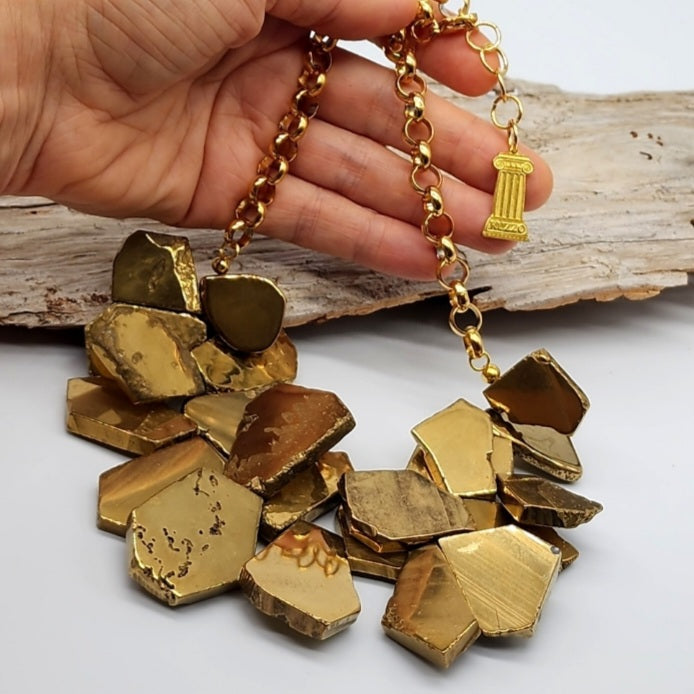 Beautifier / Designer Jewelry Gold Necklace Artisan Exotic JewelryGold Pyrite Nuggets Necklace Crystal Necklace Gift for Momen