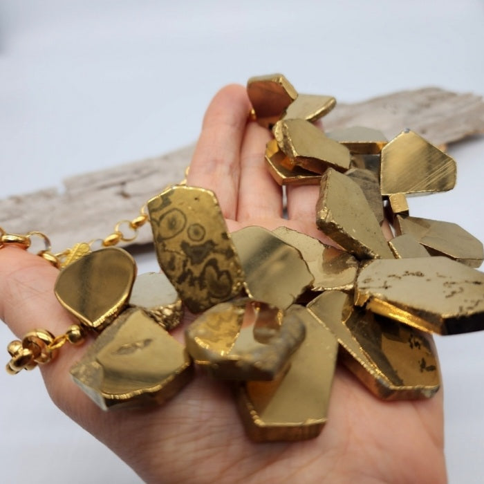 Beautifier / Designer Jewelry Gold Necklace Artisan Exotic JewelryGold Pyrite Nuggets Necklace Crystal Necklace Gift for Momen