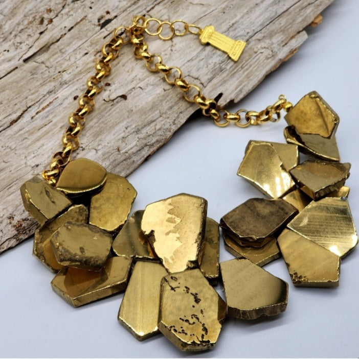 Beautifier / Designer Jewelry Gold Necklace Artisan Exotic JewelryGold Pyrite Nuggets Necklace Crystal Necklace Gift for Momen