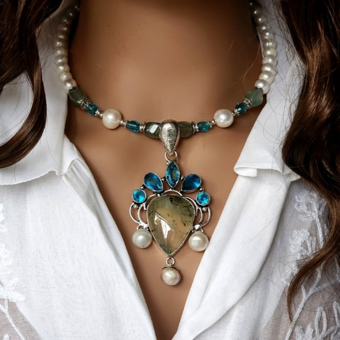Bohemian Queen / Designer Jewelry Silver Pendant Genuine Prehnite Freshwater Pearls Necklace Boho Artisan Jewelry Gift for Lady