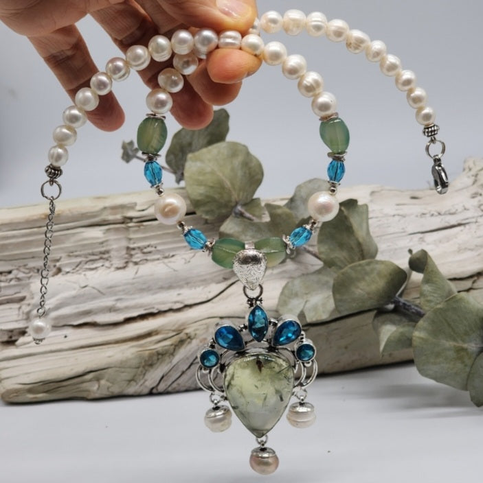 Bohemian Queen / Designer Jewelry Silver Pendant Genuine Prehnite Freshwater Pearls Necklace Boho Artisan Jewelry Gift for Lady