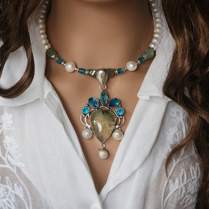 Bohemian Queen / Designer Jewelry Silver Pendant Genuine Prehnite Freshwater Pearls Necklace Boho Artisan Jewelry Gift for Lady