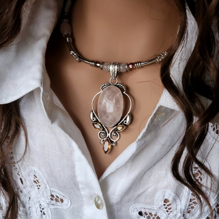 Yoko Tear / Designer Jewelry Silver Pendant Genuine Rose QuartzBig Stone Necklace Boho Artisan Jewelry Gift Necklace for Lady