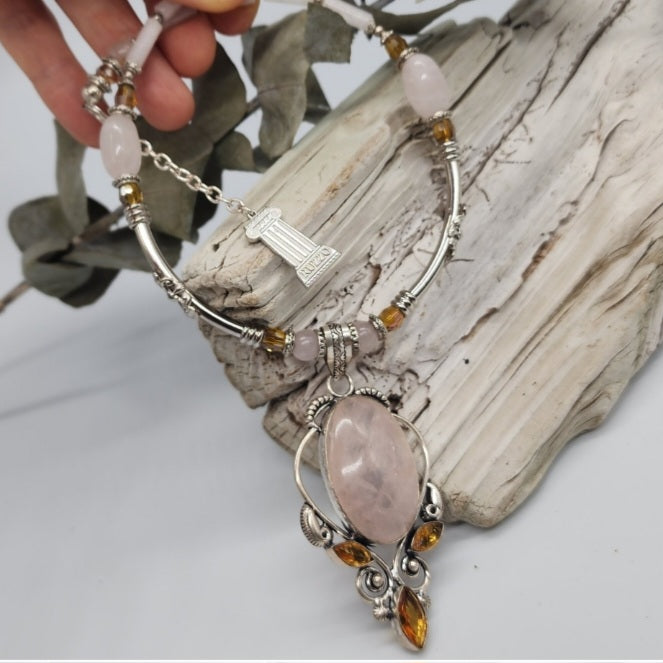 Yoko Tear / Designer Jewelry Silver Pendant Genuine Rose QuartzBig Stone Necklace Boho Artisan Jewelry Gift Necklace for Lady