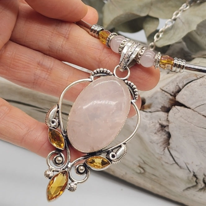 Yoko Tear / Designer Jewelry Silver Pendant Genuine Rose QuartzBig Stone Necklace Boho Artisan Jewelry Gift Necklace for Lady