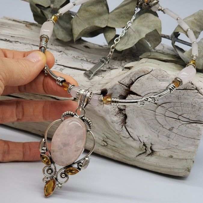 Yoko Tear / Designer Jewelry Silver Pendant Genuine Rose QuartzBig Stone Necklace Boho Artisan Jewelry Gift Necklace for Lady