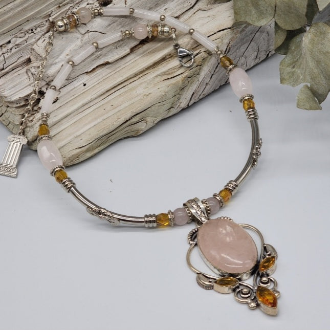 Yoko Tear / Designer Jewelry Silver Pendant Genuine Rose QuartzBig Stone Necklace Boho Artisan Jewelry Gift Necklace for Lady