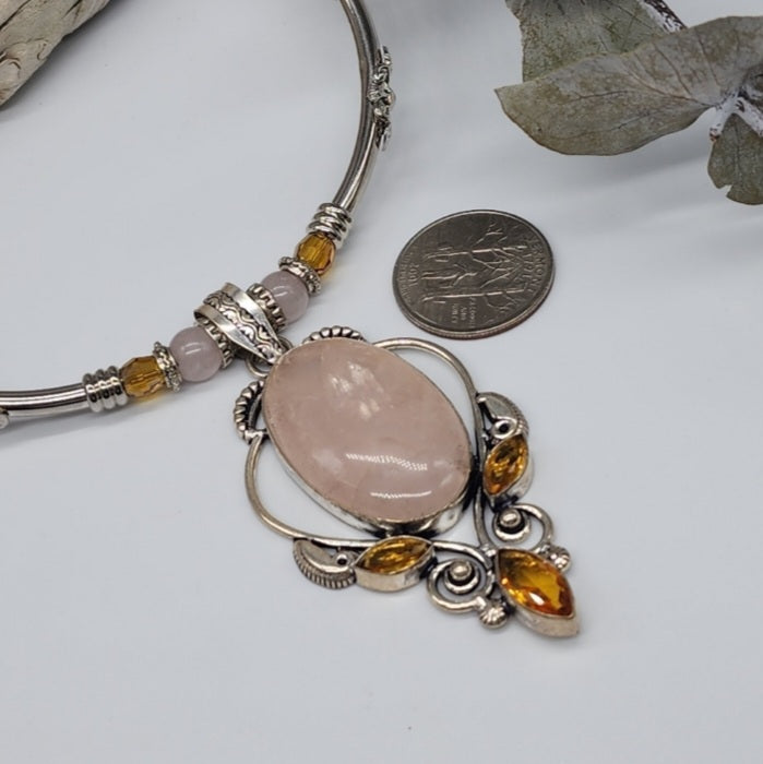 Yoko Tear / Designer Jewelry Silver Pendant Genuine Rose QuartzBig Stone Necklace Boho Artisan Jewelry Gift Necklace for Lady