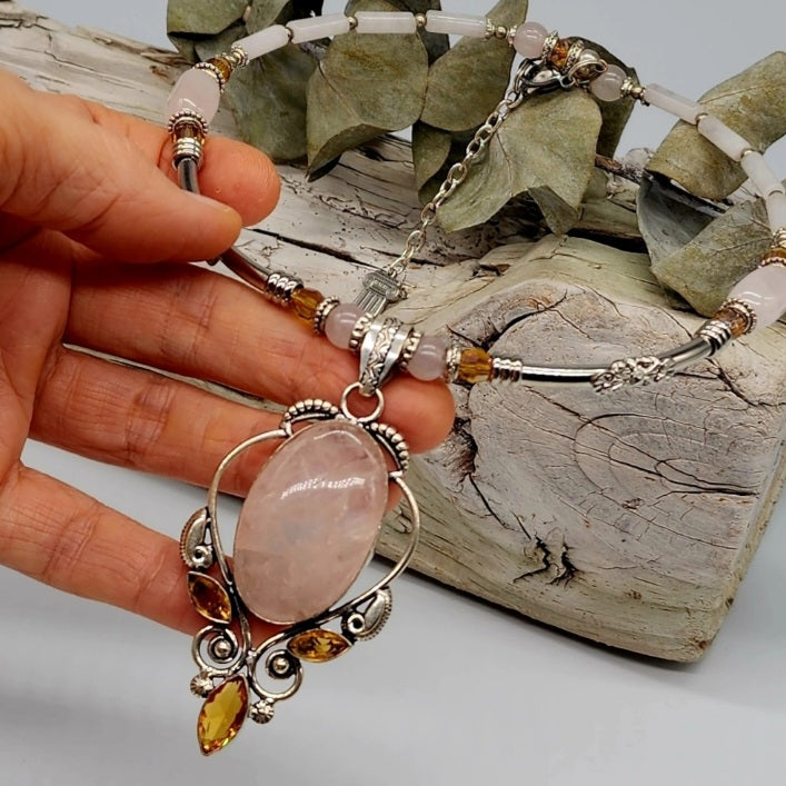 Yoko Tear / Designer Jewelry Silver Pendant Genuine Rose QuartzBig Stone Necklace Boho Artisan Jewelry Gift Necklace for Lady