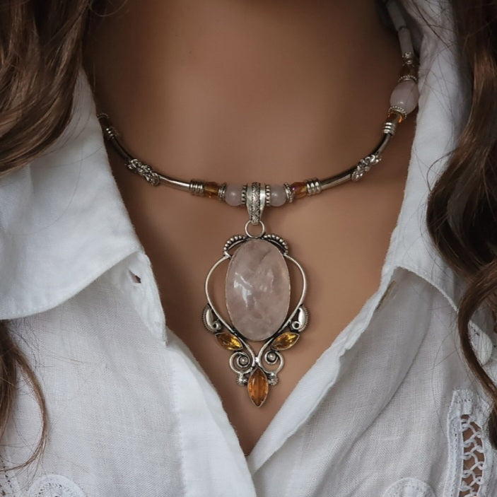 Yoko Tear / Designer Jewelry Silver Pendant Genuine Rose QuartzBig Stone Necklace Boho Artisan Jewelry Gift Necklace for Lady