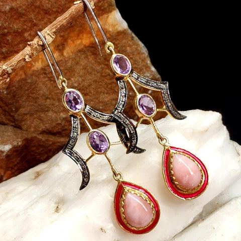 Nature / Designer Jewelry Raw Amber Stone Earrings Hypoallergenic Antique Gold Bronze with Natural Amber Gift for Momen