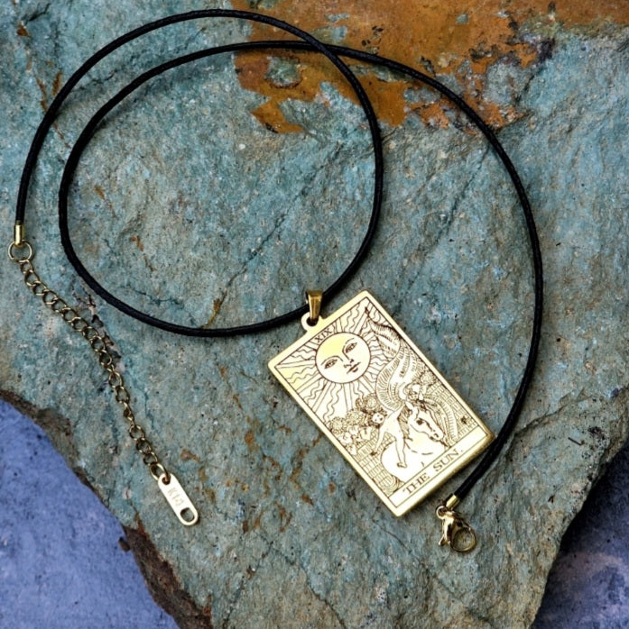 GOLD TAROT / Gold Tarot Card Pendant Leather Necklace Unique Necklace Hand Stars Mystic Spell Necklace Celestial Jewelry Gift for Her