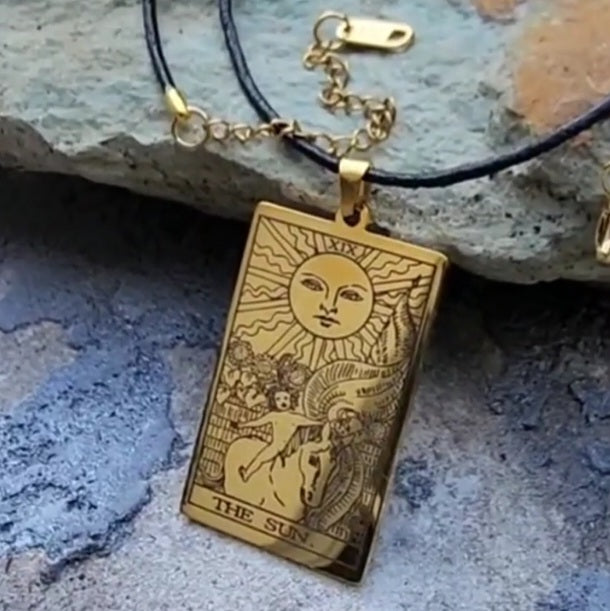 GOLD TAROT / Gold Tarot Card Pendant Leather Necklace Unique Necklace Hand Stars Mystic Spell Necklace Celestial Jewelry Gift for Her