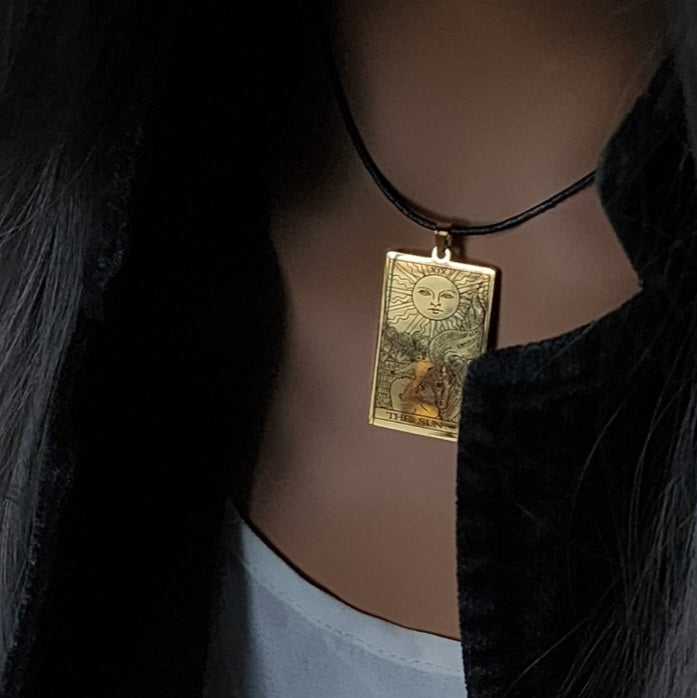 GOLD TAROT / Gold Tarot Card Pendant Leather Necklace Unique Necklace Hand Stars Mystic Spell Necklace Celestial Jewelry Gift for Her