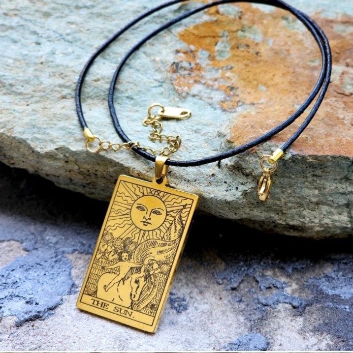 GOLD TAROT / Gold Tarot Card Pendant Leather Necklace Unique Necklace Hand Stars Mystic Spell Necklace Celestial Jewelry Gift for Her