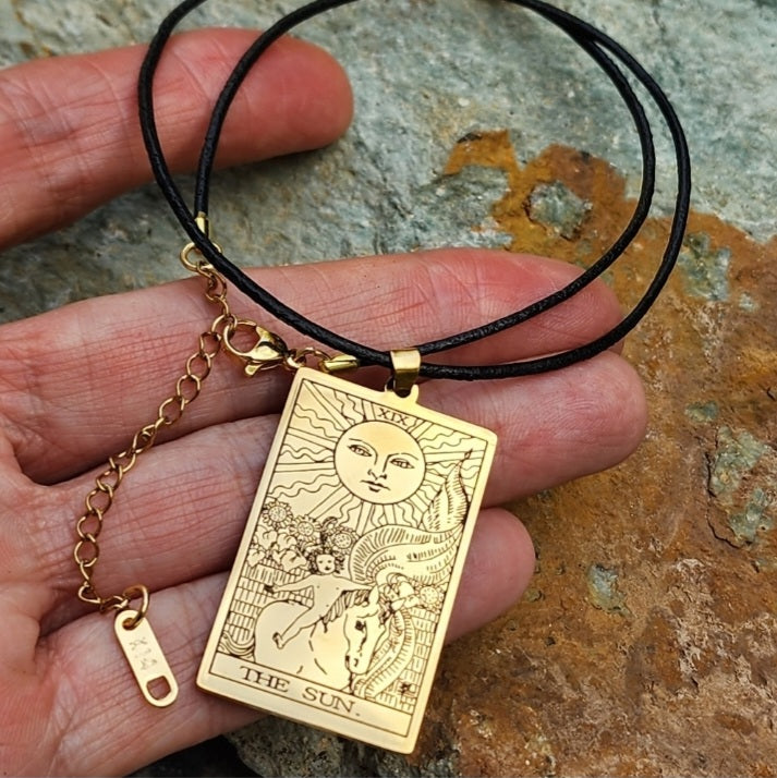GOLD TAROT / Gold Tarot Card Pendant Leather Necklace Unique Necklace Hand Stars Mystic Spell Necklace Celestial Jewelry Gift for Her