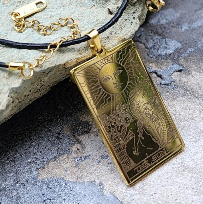 GOLD TAROT / Gold Tarot Card Pendant Leather Necklace Unique Necklace Hand Stars Mystic Spell Necklace Celestial Jewelry Gift for Her