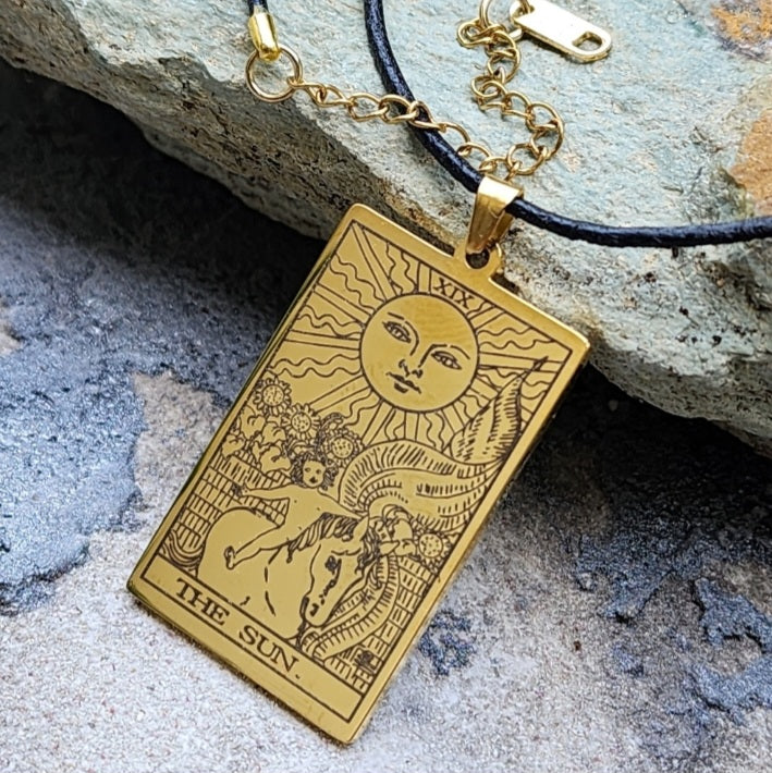 GOLD TAROT / Gold Tarot Card Pendant Leather Necklace Unique Necklace Hand Stars Mystic Spell Necklace Celestial Jewelry Gift for Her