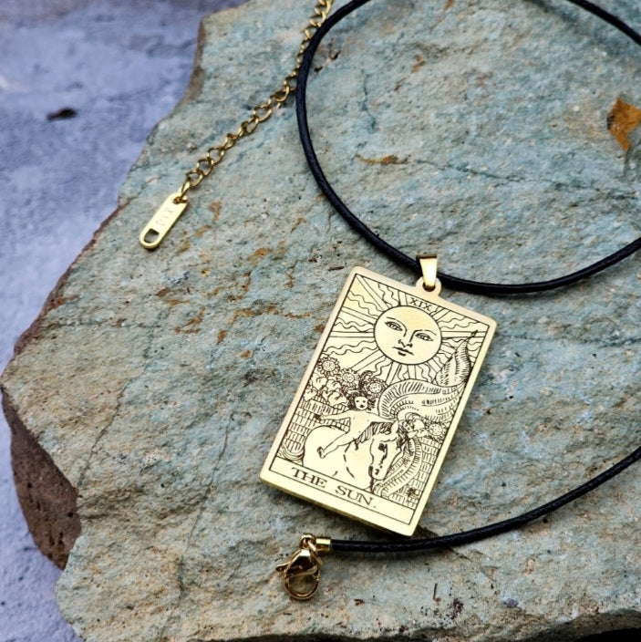 GOLD TAROT / Gold Tarot Card Pendant Leather Necklace Unique Necklace Hand Stars Mystic Spell Necklace Celestial Jewelry Gift for Her