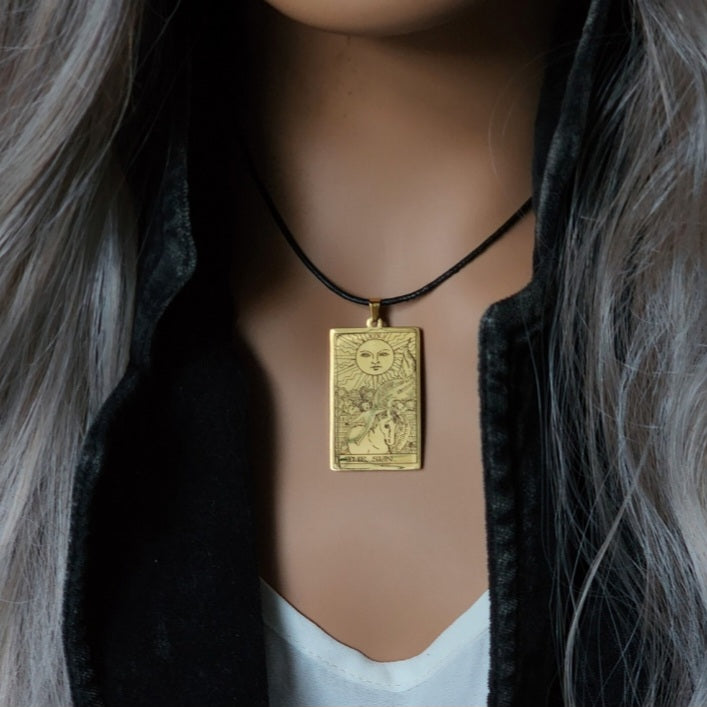 GOLD TAROT / Gold Tarot Card Pendant Leather Necklace Unique Necklace Hand Stars Mystic Spell Necklace Celestial Jewelry Gift for Her