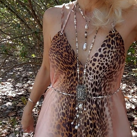 Endless Love / Designer Body Chain Necklace Silver Necklace For Women Large Baroque Pearl Pendant Unique Jewelry Gift For Lady