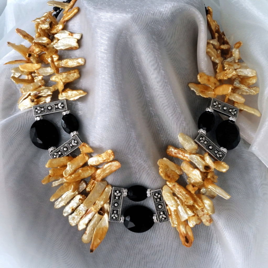 Golden Sunset / Designer Jewelry Silver Necklace Natural Baroque Pearls Hypoallergenic Jewelry Most Popular Jewelry Gift For Women