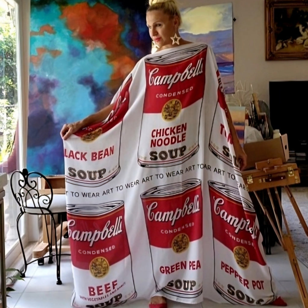 Art Basel Andy Warhol Soup / Designer Maxi Dress Boho Luxury Resort Wear Fabric Dress Artisan Concept Clothing Unique Couture