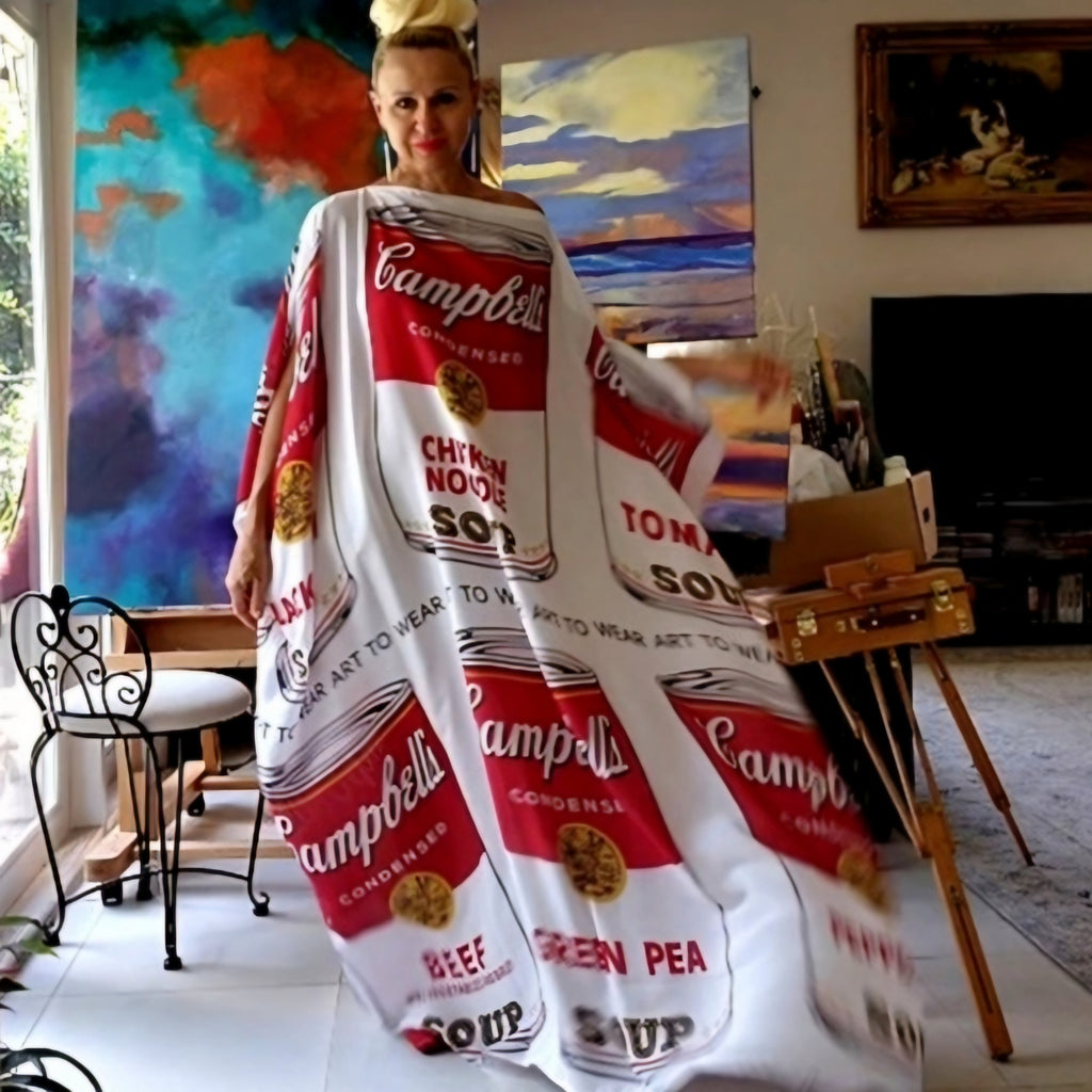 Art Basel Andy Warhol Soup / Designer Maxi Dress Boho Luxury Resort Wear Fabric Dress Artisan Concept Clothing Unique Couture