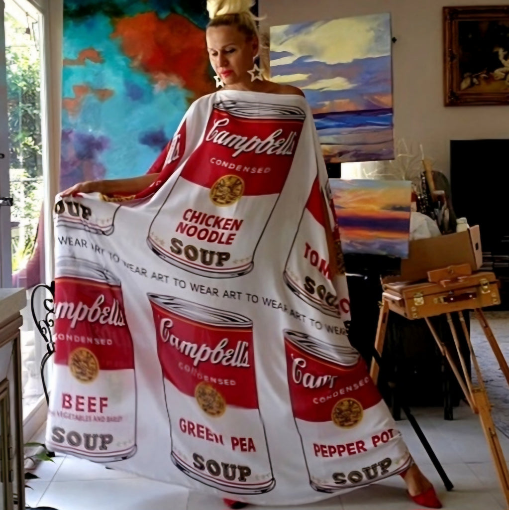 Art Basel Andy Warhol Soup / Designer Maxi Dress Boho Luxury Resort Wear Fabric Dress Artisan Concept Clothing Unique Couture