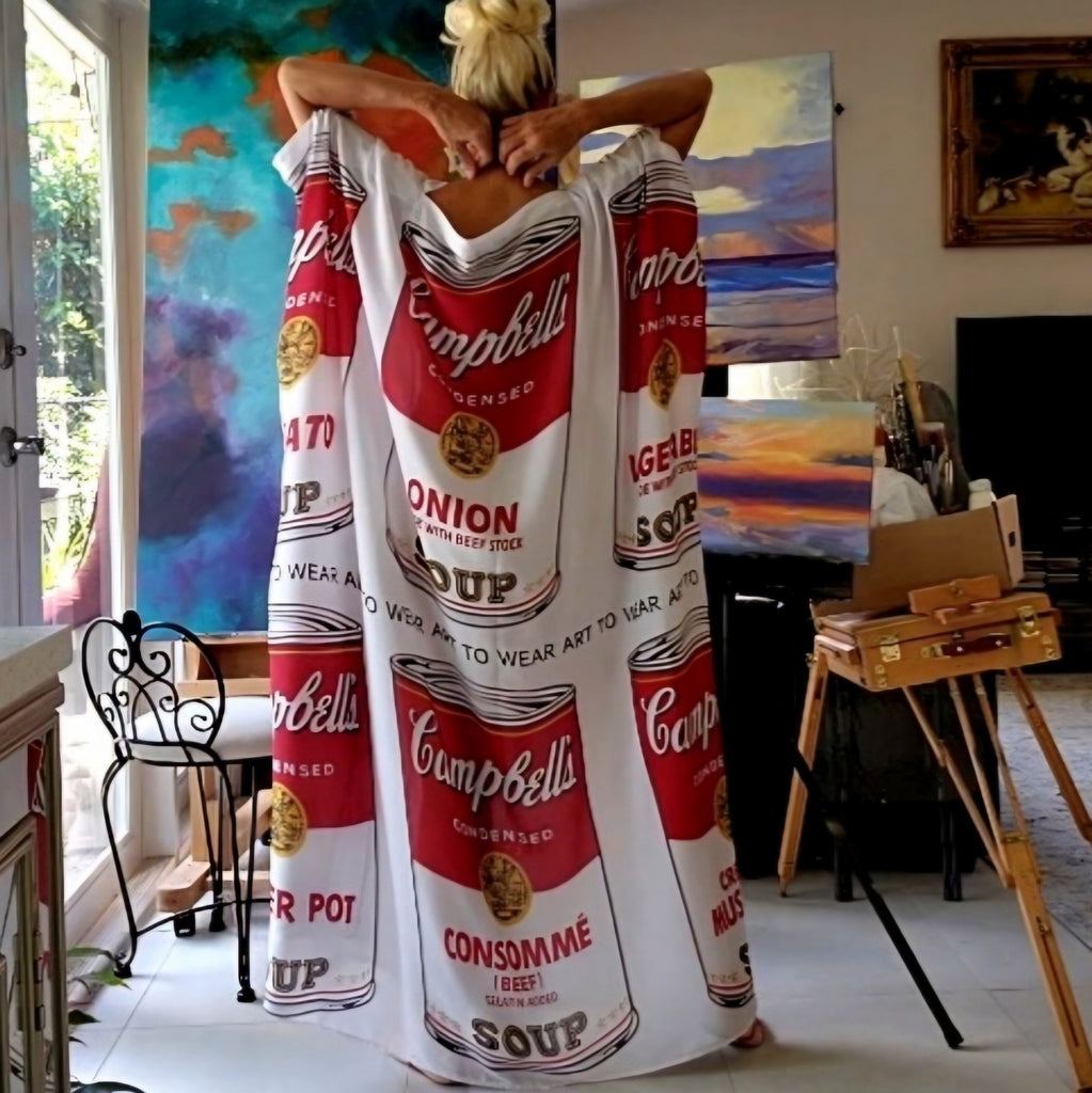 Art Basel Andy Warhol Soup / Designer Maxi Dress Boho Luxury Resort Wear Fabric Dress Artisan Concept Clothing Unique Couture